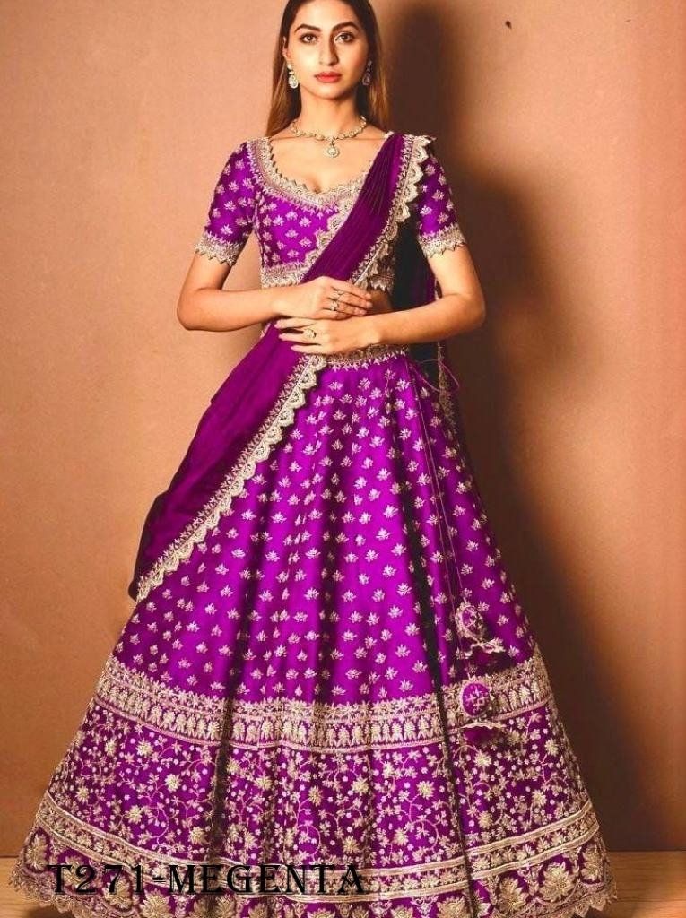 Golden Zari Work Magenta Chinon Silk Lehenga Choli