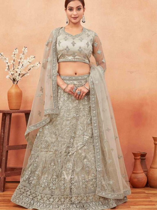 Gorgeous Gray Stone and Embroidered Work Net Lehenga choli