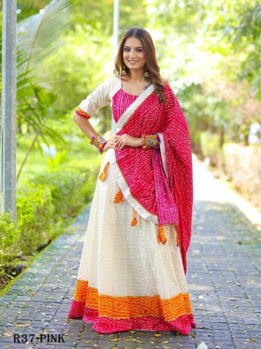 Pink Gota Patti Lace Bandhej Printed Cotton Lehenga Choli