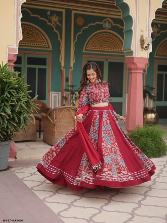 Gota Patti Lace Printed Rayon Maroon Lehenga Choli