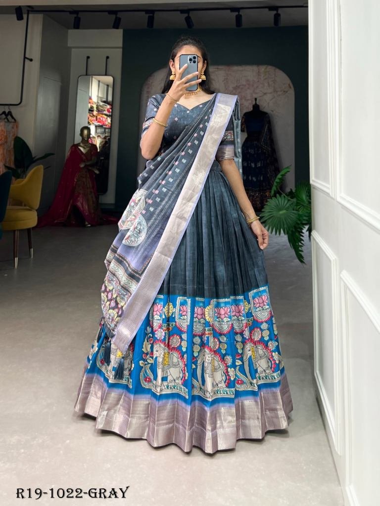 Gray Kalamkari Printed Dola Silk Lehenga Choli