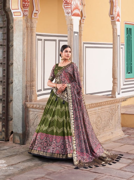 Green Ajarakh Printed Tussar Silk Lehenga Choli