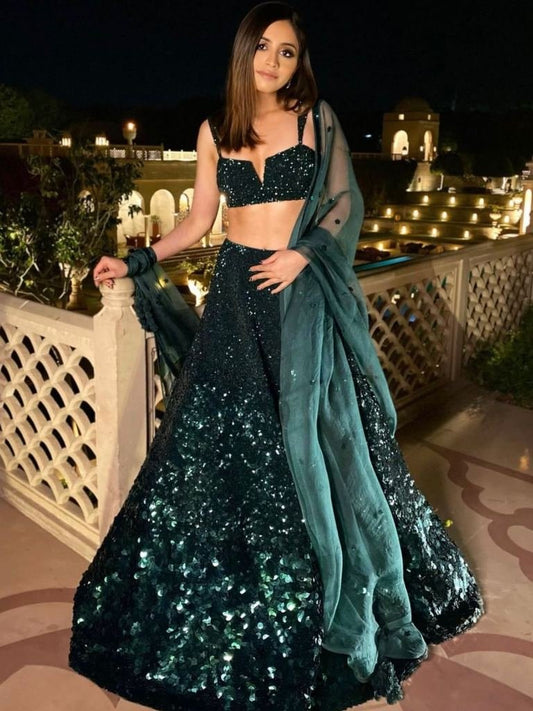 Green Color Mehendi Function Sequence Work Lehenga Choli