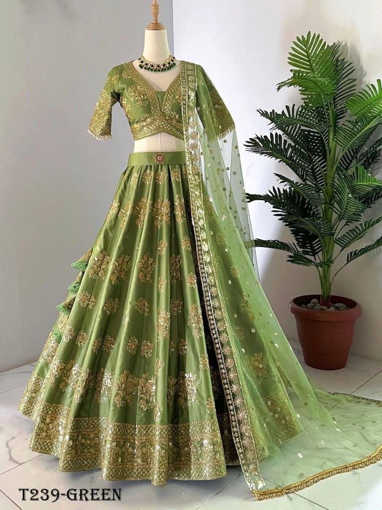 Green Embroidery Work Chinon Silk Lehenga Choli