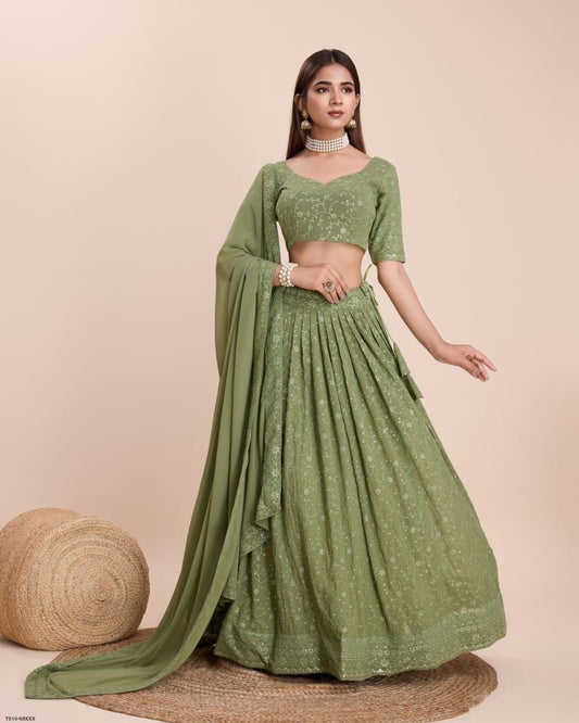 Green Georgette Lehenga Choli With Embroidery Work
