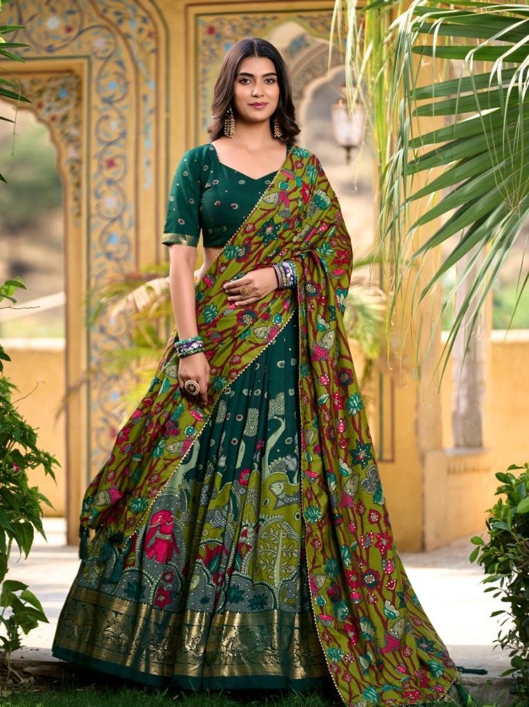 Green Kalamkari Print Tussar Silk Lehenga Choli With Gota Patti Border Dupatta