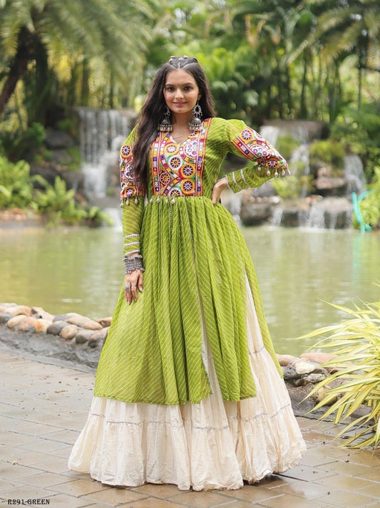 Green Navratri Collection Kora Cotton Lehenga Choli