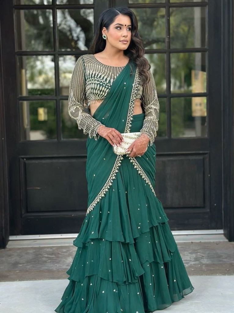 Green Ready To Wear Ruffle Embroidery Lehenga Choli