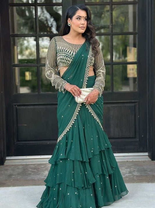 Green Ready To Wear Ruffle Embroidery Lehenga Choli