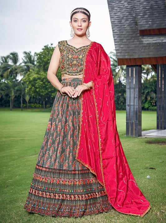 Grey And Rani Digital Printed Party Wear Lehenga