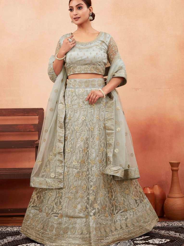 Grey Embroidered Foil Work Net Lehenga Choli