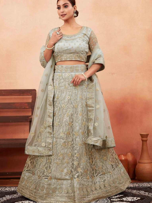 Grey Embroidered Foil Work Net Lehenga Choli