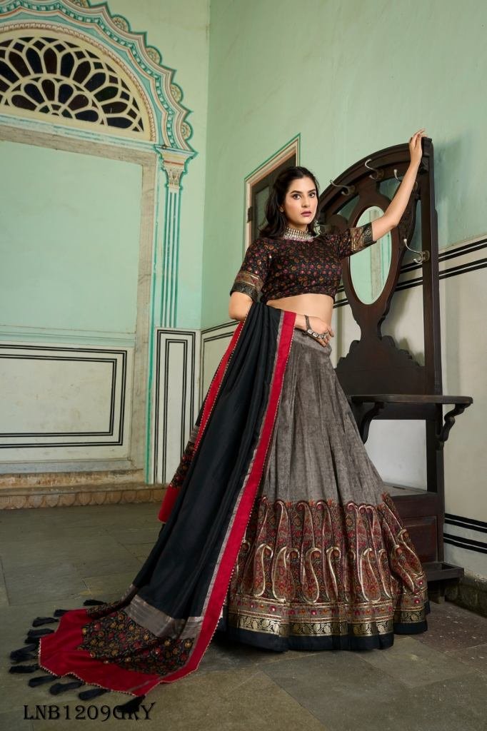 Grey New Arrival Tussar Silk Kashmiri Foil Print Lehenga Choli