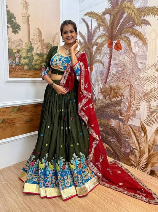 Gujarati Style Green Embroidered Lehenga Choli with 4 Mtr Flair