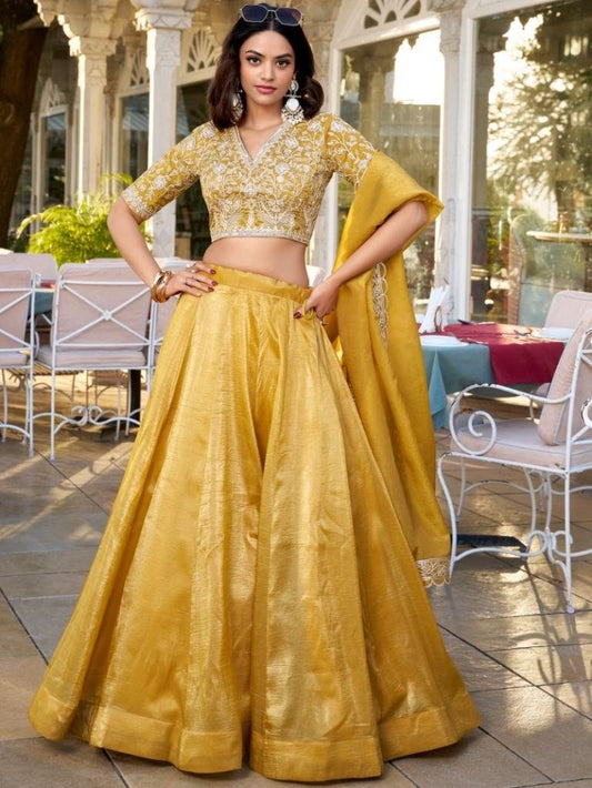 Haldi Ceremony Goldie Fabric Embroidery Work Lehenga Choli Dupatta Set