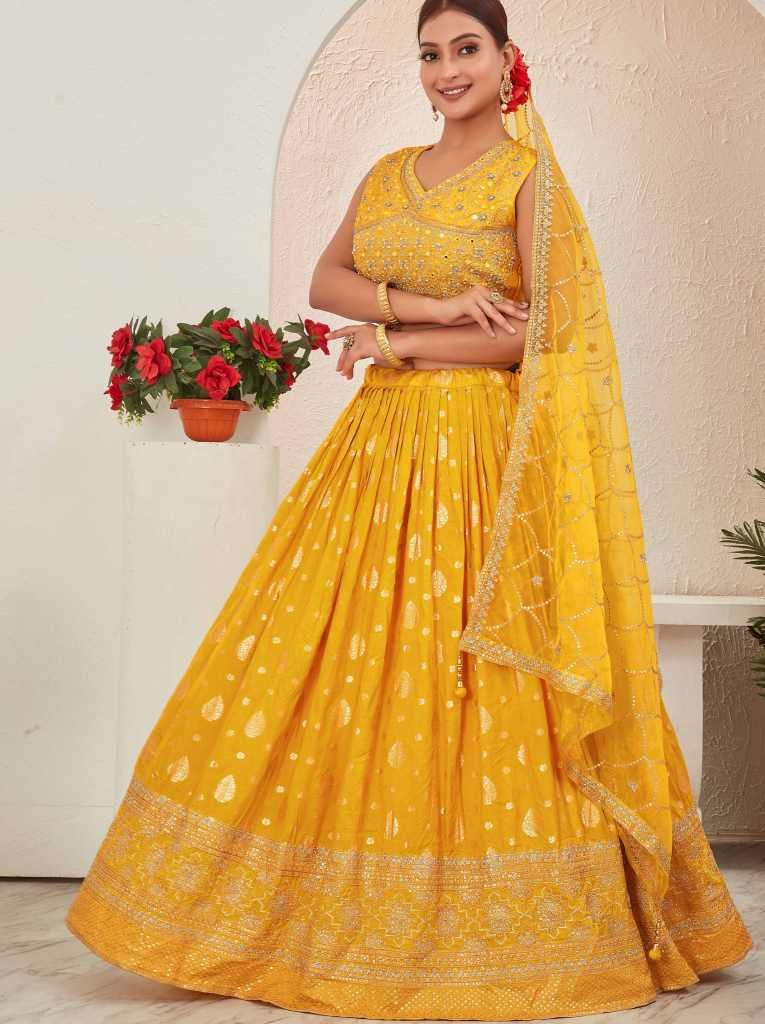 Haldi Special Yellow Dola Silk Embroidered Lehenga Choli