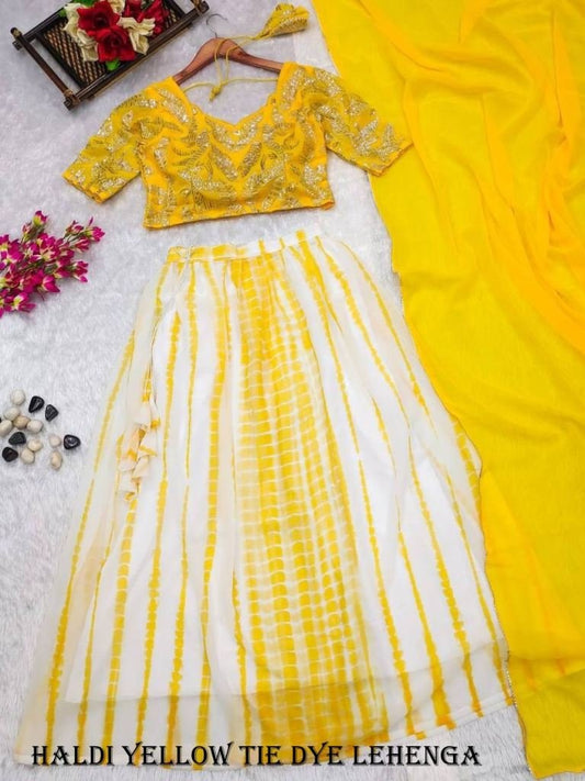 Haldi Yellow Color Tie Dye Georgette Bridesmaid Lehenga