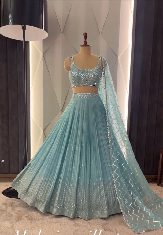 Heavy Bridal Wear Sky blue Lehenga Choli With Real Mirror Hand Work