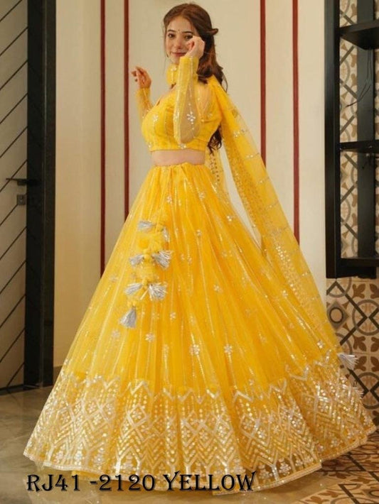 Heavy Butterfly Net Yellow Embroidery Work Lehenga Choli