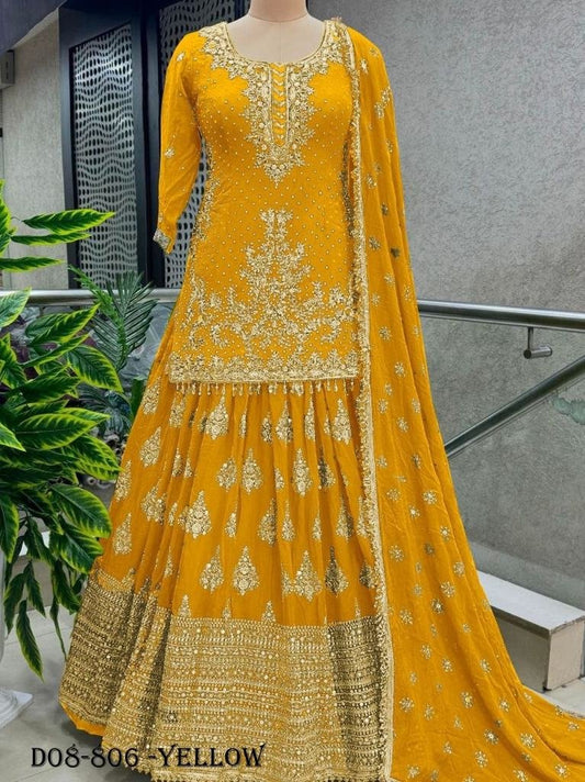 Heavy Embroidered Yellow Chinon Silk Peplum Top Lehenga Choli