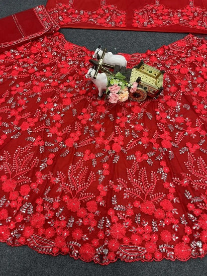 Soft Butterfly Net  With  Sequence  Work  Red  Designers  Lehenga