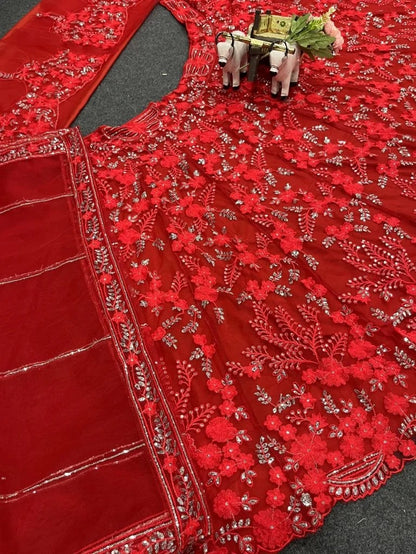 Soft Butterfly Net  With  Sequence  Work  Red  Designers  Lehenga