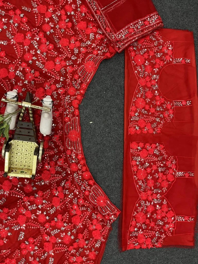 Soft Butterfly Net  With  Sequence  Work  Red  Designers  Lehenga