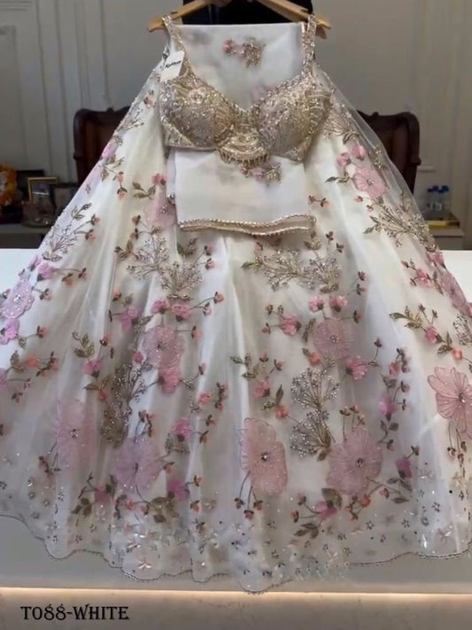 Indian Fashion Tabby Silk Lehenga Choli in White Color