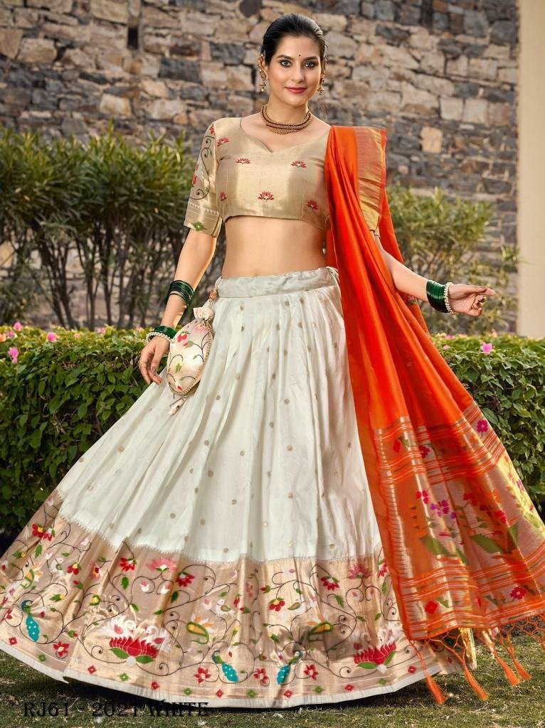 Jacquard Silk Zari Weaving White Paithani Lehenga Choli For Wedding