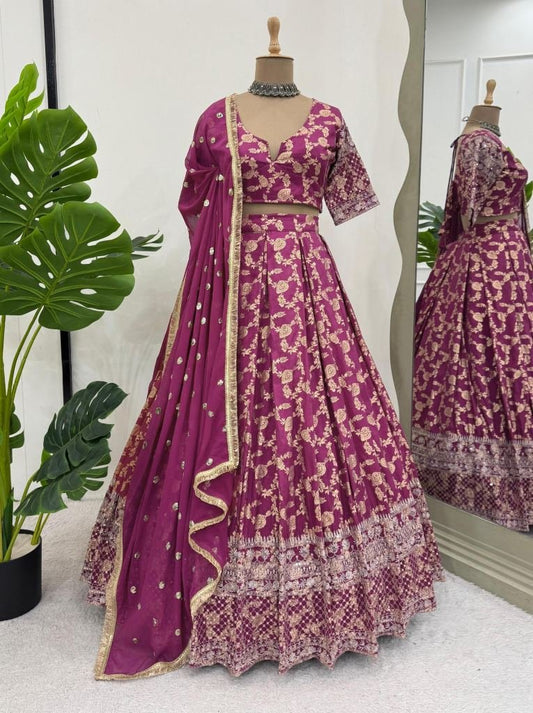 Jacquard Wine Sequence Work Lehenga Choli