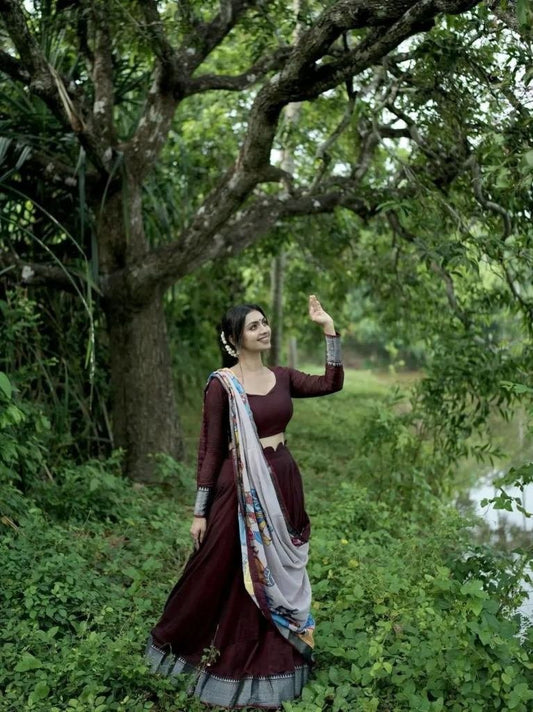 Kalamkari Brown Lehenga Choli With Printed Dupatta