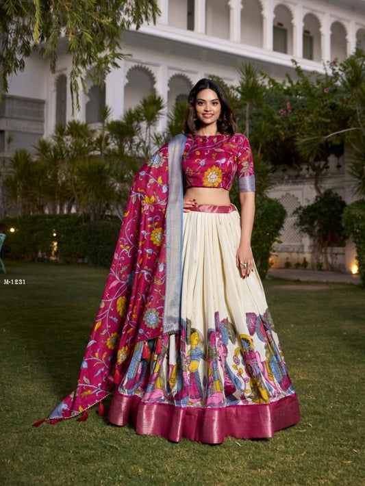 Kalamkari Printed Dola Silk White Lehenga Choli