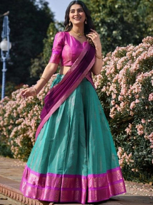 Kanchipuram Fabric Sky Blue Lehenga With violet Dupatta