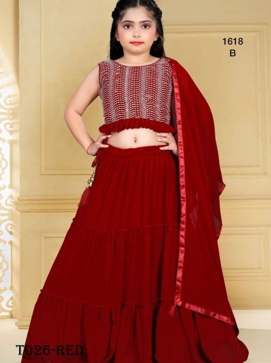 Red Georgette Embroidery Work Ready Made Lehanga Choli