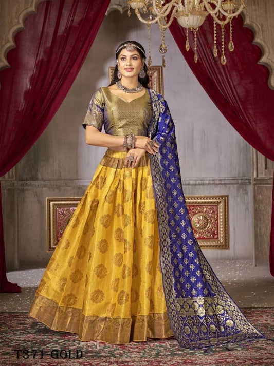 Latest Gold Jaquard Silk Lehenga Choli