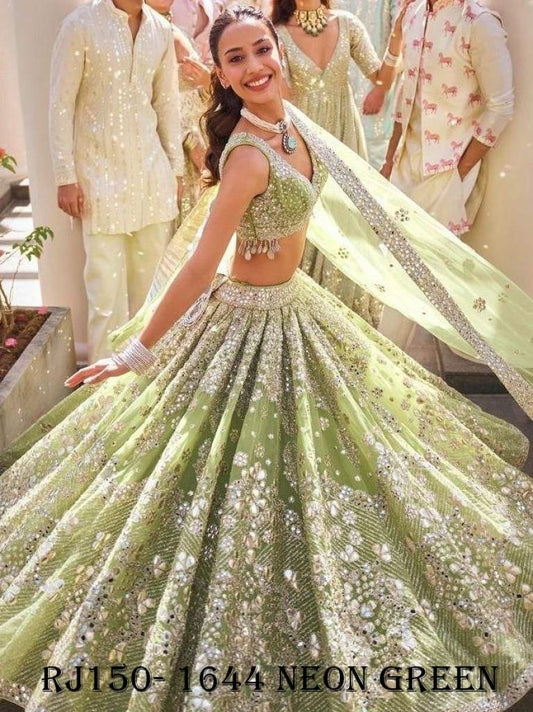 Neon Green Butterfly Net Mirror Sequins Work Lehenga choli With Dupatta