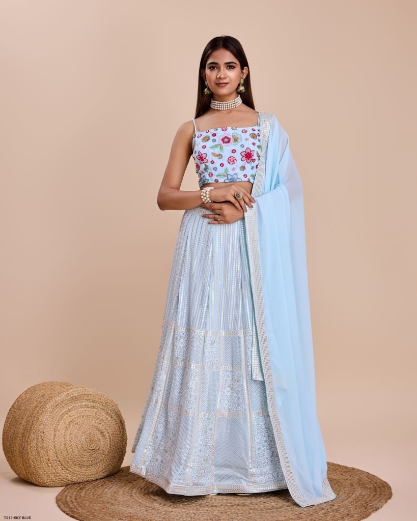 Latest Sky Blue Georgette Lehenga Choli With Semi Stitched