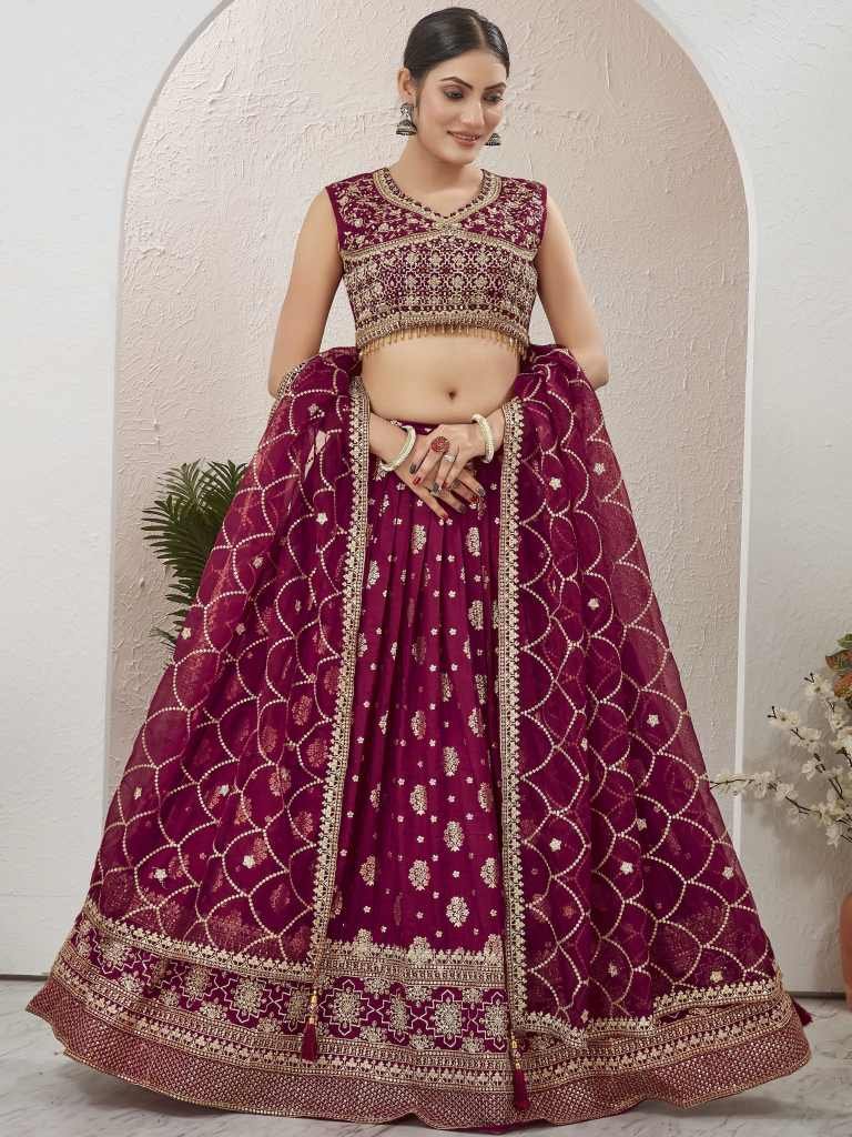 Magical Maroon Jacquard Dola Silk Lehenga Choli Set