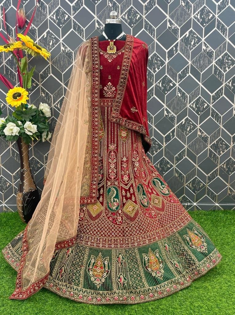 Maroon And Green Velvet Bridal Lehenga Choli With Double Dupatta