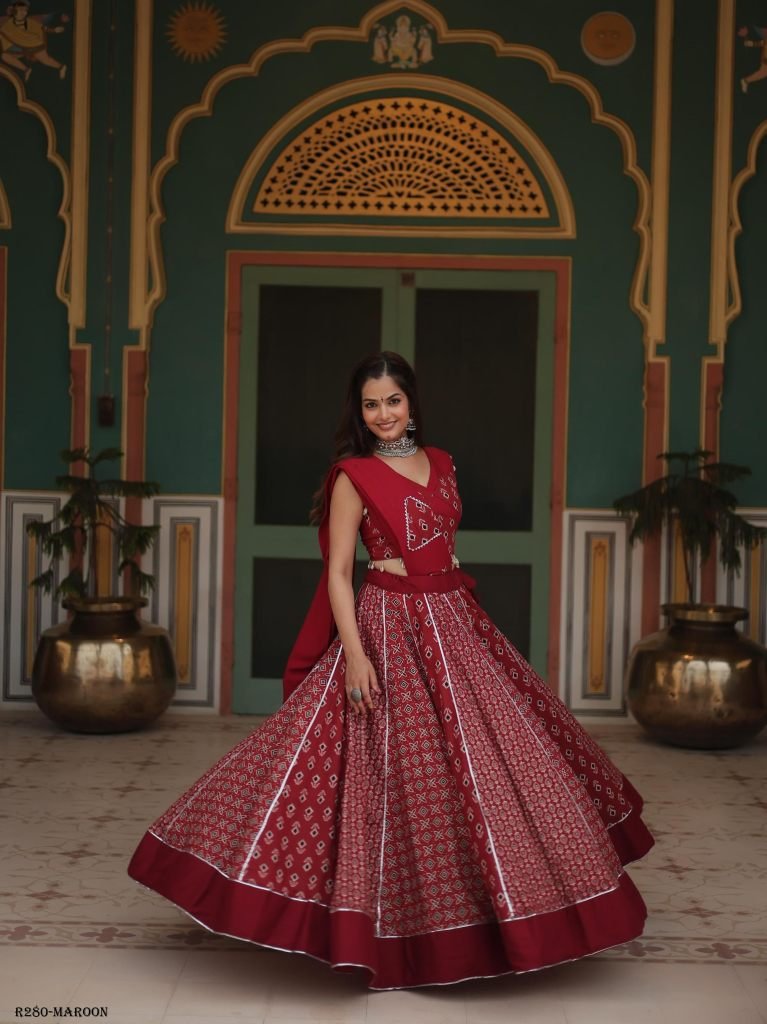 Maroon Fancy Printed Rayon Lehenga Choli With Gotta Patti Lace