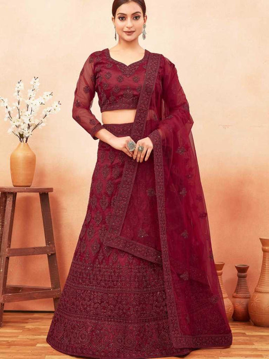 Maroon Net Semi Stitched Lehenga choli
