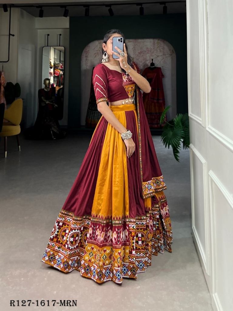 Maroon New Transitional Rayon Navratri Lehenga Choli With Gamthi Work Or Printed