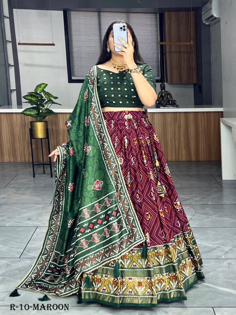Maroon Patola And Bandhani Print Tussar Silk Lehenga Choli With Green Blouse