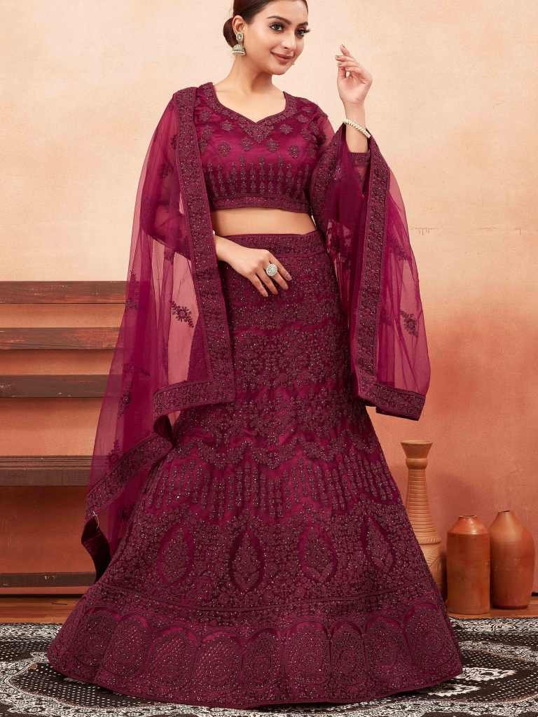 Maroon Stone Work Net Semi Stitched Lehenga choli