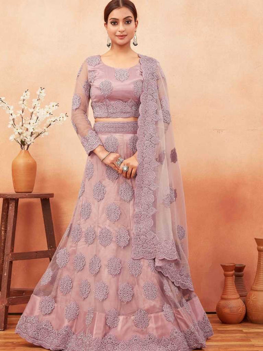 Mauve Pink Net Embroidered Lehenga choli