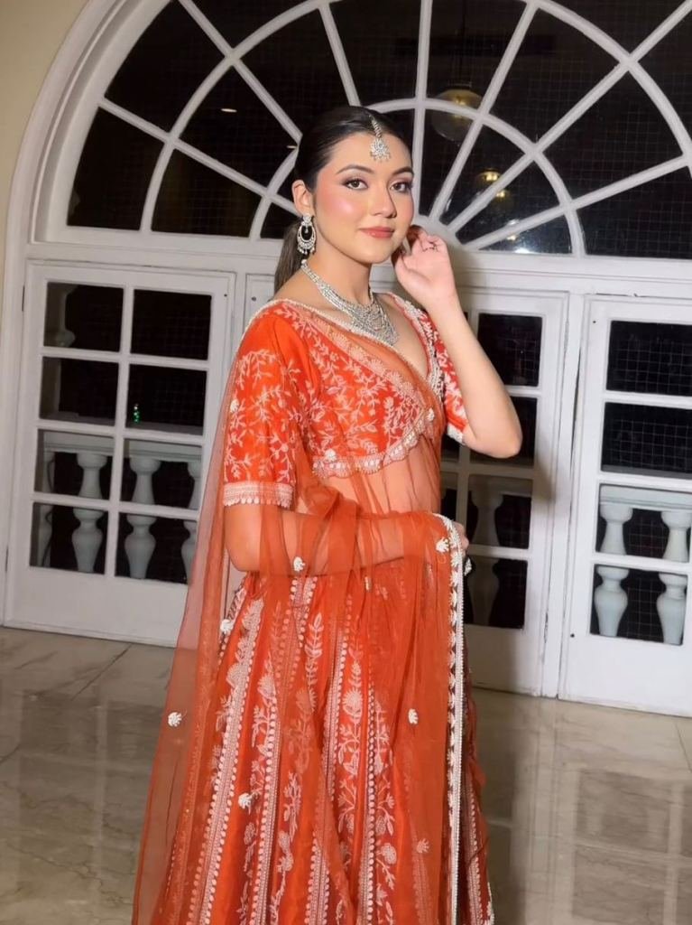 Mulmul Silk Orange Lehenga Set with Sequins Work
