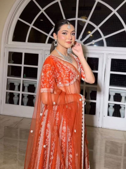 Mulmul Silk Orange Lehenga Set with Sequins Work