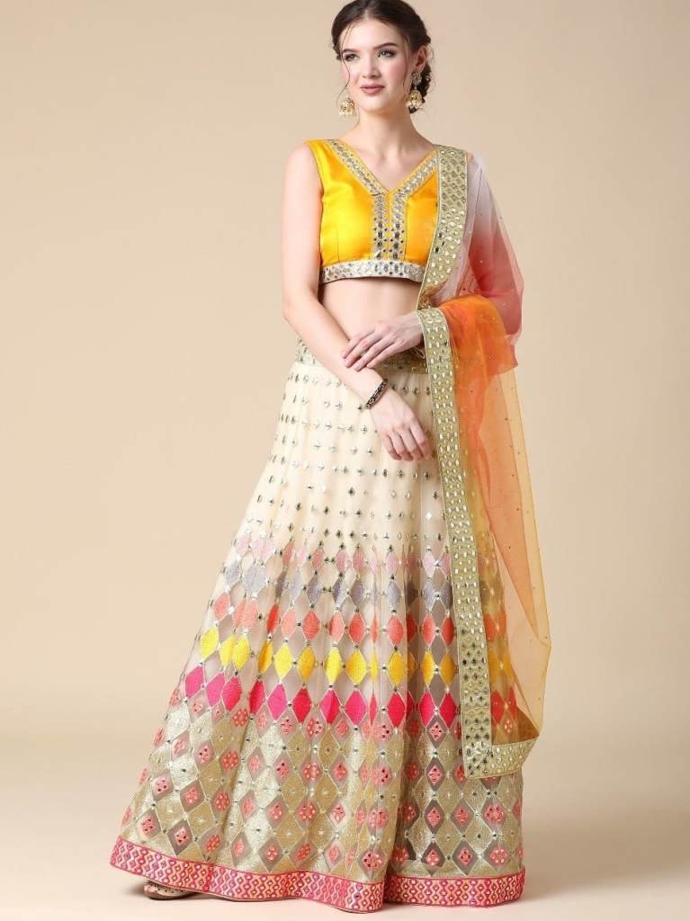 Multi Colored Butterfly Net Mirror Work Lehenga Choli