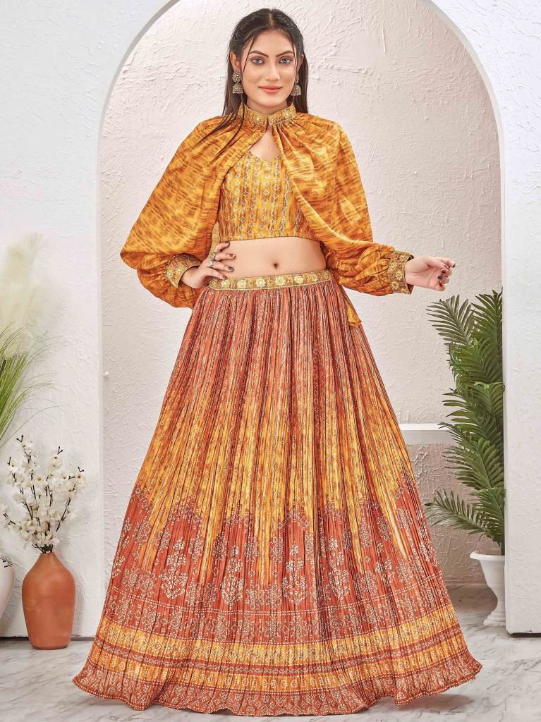Mustard color Silk Blend Crushed Readymade Lehenga Choli