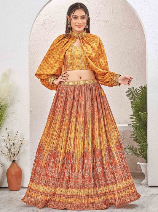 Mustard color Silk Blend Crushed Readymade Lehenga Choli